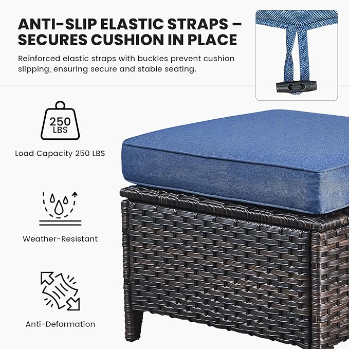 Belord 5 Piece Wicker Patio Furniture Set with Ottoman - High Back Outdoor Swivel Rocker Glider Chairs with Glass Top Side Table,28D High-Density 6" Removable Blue Cushion for Deck Porch Backyard