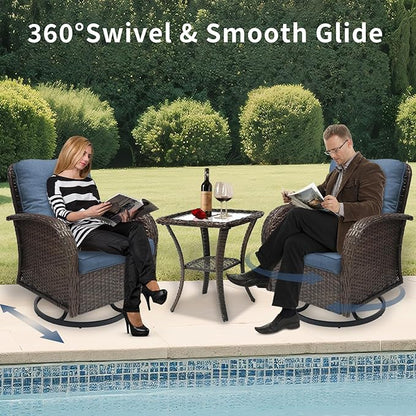 3 Pieces Patio Furniture Set, Outdoor Swivel Rocking Chair Set of 2 with Side Table - 360° Swivel, Thick Cushions, All-Weather Bistro Set for Deck, Porch, Pool(Navy, Brown Full-Weave Rattan)