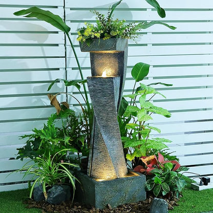 47.2" H Garden Fountains Outdoor Modern Water Fountain Indoor Floor Standing Large Waterfall with LED Lights and Pump for Patio Decor, Yard Decorations