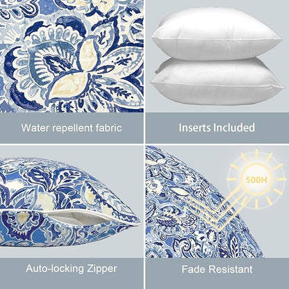LVTXIII Set of 2 Patio Throw Pillows Waterproof 20"x20" Fade Resistant Outdoor Throw Pillows with Inserts, Decorative Garden Toss Pillow Cushions for Home Patio Sofa Use, Floral Bluish Violet