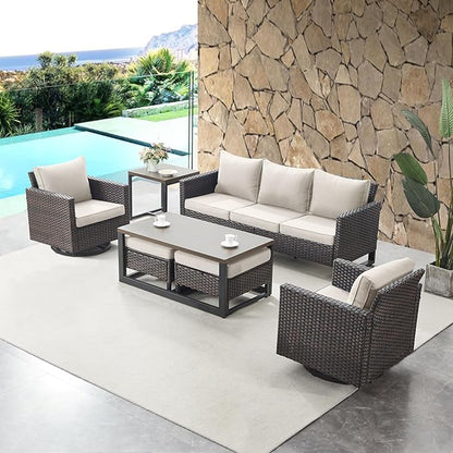 HUMMUH 3-Piece Patio Swivel Chairs,PE Wicker Outdoor Rocking Chairs Bistro Set with Side Table Porch Balcony Furniture with Cushions