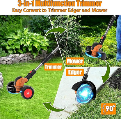 Electric Weed Wacker, Cordless Eater Battery Powered Eater Lightweight Edger Portable Stringless Grass Trimmer/Lawn Mower/Brush Cutter, with 3 Types Blades & Wheels for Yard and Garden