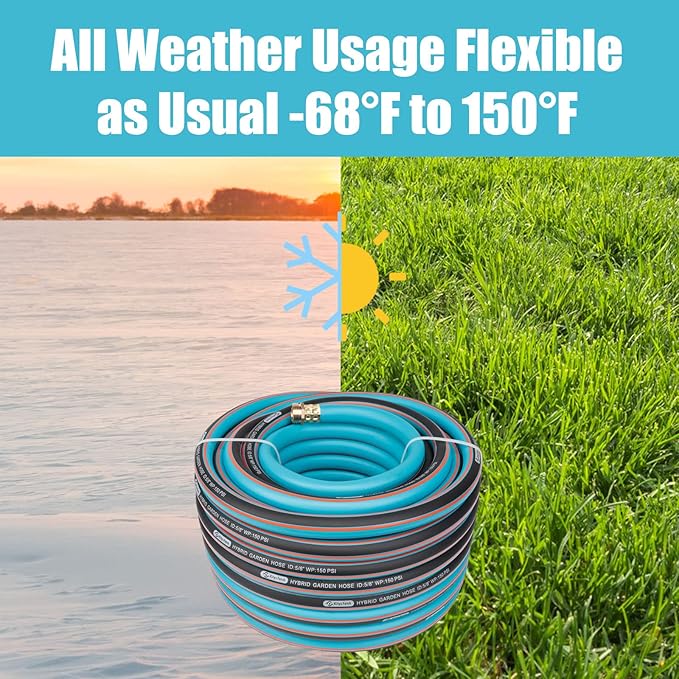 Upgraded Kink Free Hybrid Garden Hose 75ft 5/8", Thickened Heavy Duty Water Hose with Brass Solid Connector，Lightweight Flexible Tough Rubber Hose with Nozzle,Durable Yard Outdoor Hose