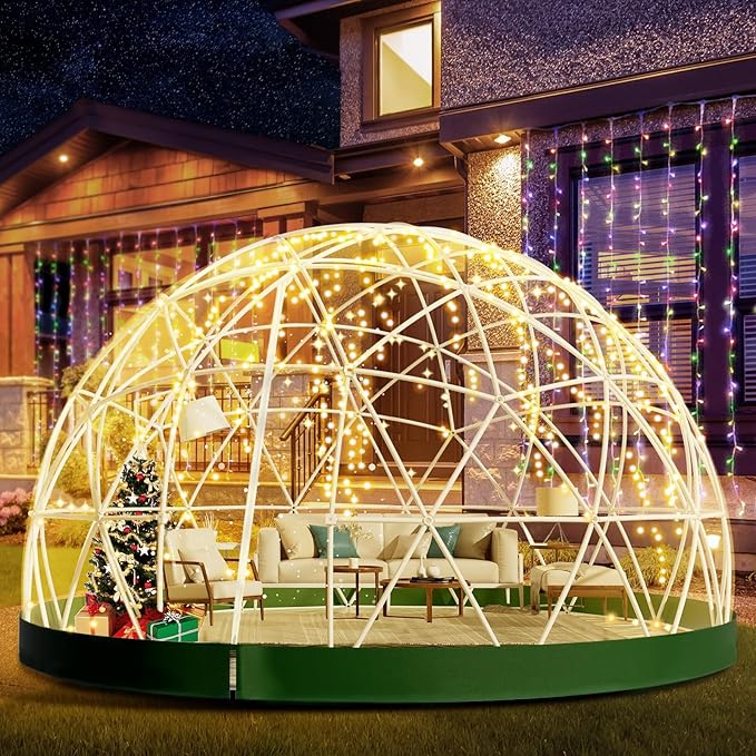 12FT Garden Dome Tent, Geodesic Dome Greenhouse with PVC Clear Cover, Waterproof Garden Bubble Dome Tent House with 2 x 10M Light Strings for Outdoor, Patio, Backyard, Party (Green Edge, 10FT/3M)
