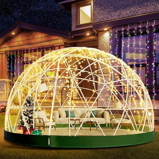 12FT Garden Dome Tent, Geodesic Dome Greenhouse with PVC Clear Cover, Waterproof Garden Bubble Dome Tent House with 2 x 10M Light Strings for Outdoor, Patio, Backyard, Party (Green Edge, 10FT/3M)