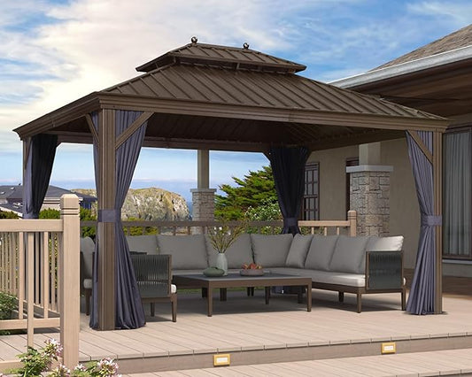 PURPLE LEAF 11' X 13' Outdoor Hardtop Gazebo Patio Wide Aluminum Frame Metal Double Roof with Heavy Duty Netting and Curtains for Permanent Hard Top Pavilion Screen, Navy Blue