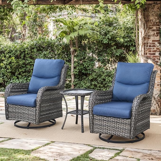 Patio Luxury Conversation Set of 4 Swivel Chairs with Side Table and 30in Square Wicker Firepit Table, Grey Wicker|Blue Cushions