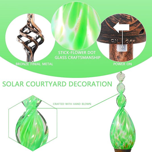 Solar Garden Lights Outdoor, Decorative LED Flame Garden Stakes, Hand Blown Glass and Outdoor Waterproof Glass Stakes (Green)