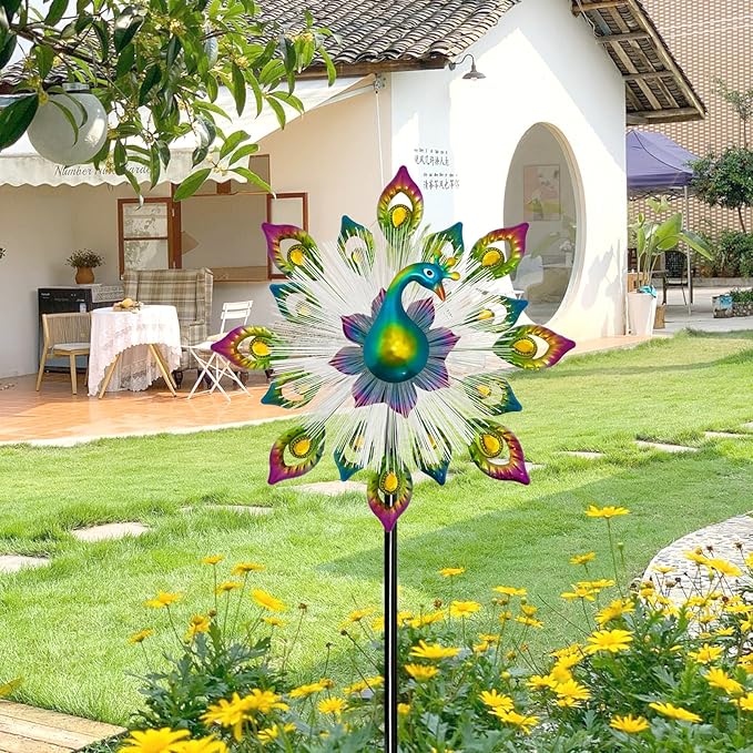 45" Peacock Garden Wind Spinners - Solar Metal Clearance Windmill Kinetic Wind Spinner Outdoor Decor, Wind Sculpture Yard Art for Patio & Lawn