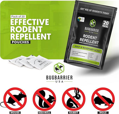 BugBarrier's Extra-Strength Mouse Repellent Deterrent Pouches, USDA 99% Biobased, Peppermint & Rosemary Oils Repel Mice Nesting in Car, RV, Boat, Garage, Shed, Cabin Made in The USA (Pack of 20)
