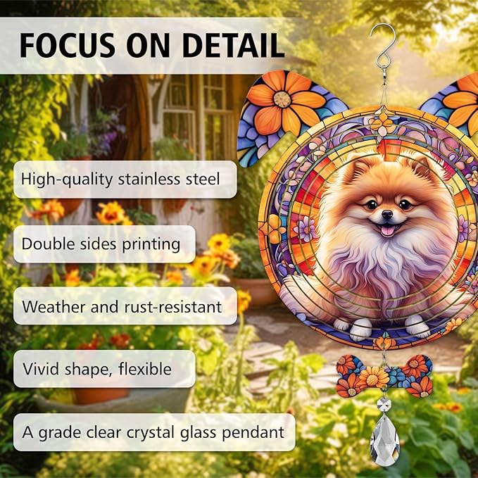 Pomeranian Dog Ears Wind Spinner, Pomeranian Wind Spinner Hanging for Yard and Garden V02