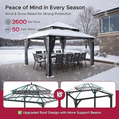 SUNJOY Kingston 14' x 12' Hardtop Gazebo with Galvanized Steel Double Roof, Curtain and Netting, Gray Aluminum Posts Permanent Pavilion Gazebo for Garden, Patio, Deck, Lawn