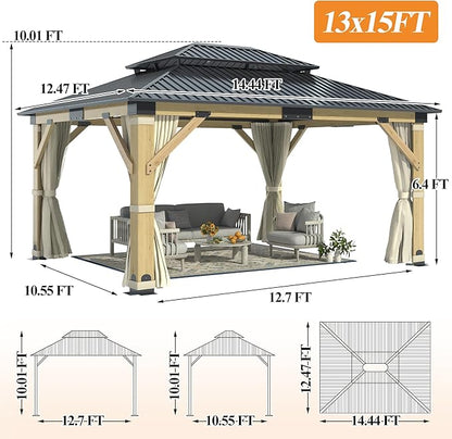 GARTOO 13’x15’ Patio Wooden Gazebo, Galvanized Steel Roof Gazebo with Privacy Curtains and Netting, Double Vented Roof Hardtop Gazebos for Garden, Porch, Lawn, Poolside, Backyard Deck