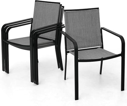 5-Piece Outdoor Patio Dining Set, 40-Inch Round Glass Table with 4 Stackable Chairs, Grey