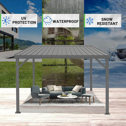 8x8FT Lean to Gazebo, Outdoor Hardtop Wall Mounted Gazebo with Gutter & Sloping Galvanized Steel Roof, Metal Hard Top Awnings for Deck, Porch, Backyard
