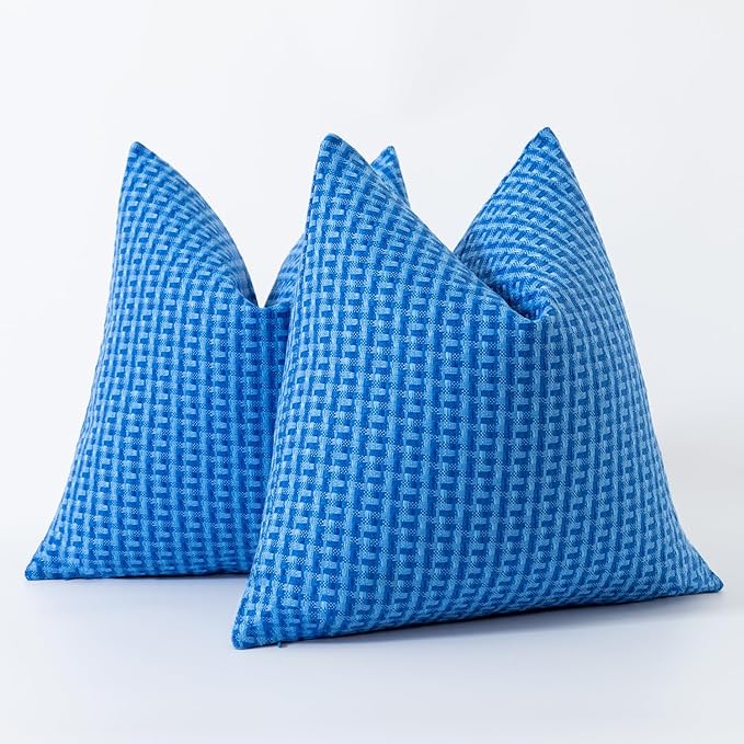 Kevin Textile Outdoor Waterproof Throw Pillow Covers Pack of 2 Weaving Texture Water Resistant Outside Decorative Cushion Covers for Garden Patio Tent Balcony Bench Couch Sofa 16x16 Inch, Blue