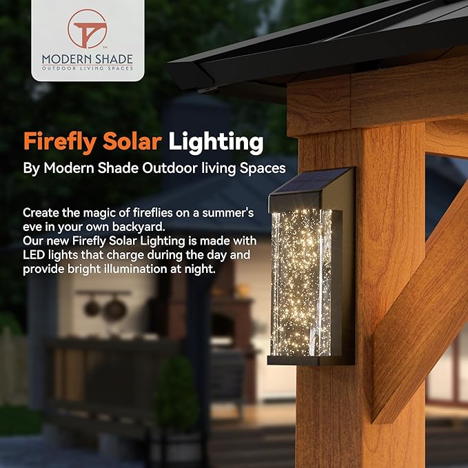 Modern Shade The Horizon Hardtop Gazebo 12' x 14' with 4 LED Lights, Permanent Outdoor Gazebo with Galvanized Steel Double Roof, Grill Pavilion with Decor Hooks, Mosquito Nettings, Wood-Looking