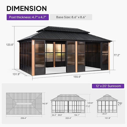 PURPLE LEAF 12' X 20' Sunroom Patio Hardtop Gazebo Double Top Galvanized Steel Screen House Aluminum Sun Room Outdoor Solarium for Garden Backyard and 36 Solar String Light