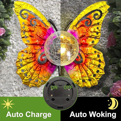 Solar Lights Outdoor Garden Butterfly Decor, Metal Butterfly Statue Decoration with LED Crackle Glass Globe, Solar Powered Lighted Garden Art Decor for Patio Lawn Yard Pathway Tabletop Ground