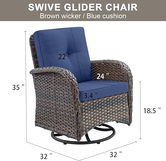 2 in 1 Porch Glider Swivel Chair - Wicker Patio Furniture Outdoor Swivel Rocker Chair with Thick Cushion, 300 Lb Weight Capacity Patio Swivel Glider Seating - Brown Wicker, Blue Cushion