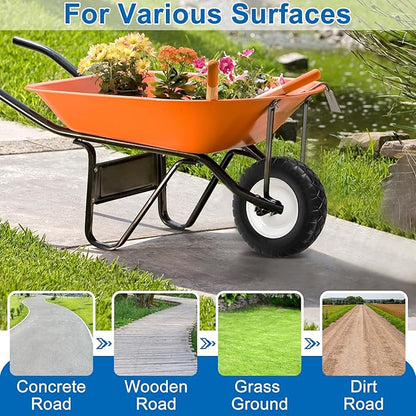 4.80/4.00-8" Flat Free Wheelbarrow Tire and Wheels, 16" Universal Fit Solid Tire with 5/8" or 3/4" Bearing, 3"-7" Hub, Adapter Kit Hand Truck Wheel Replacement for Garden Trailer, Wagons, 1 PCS