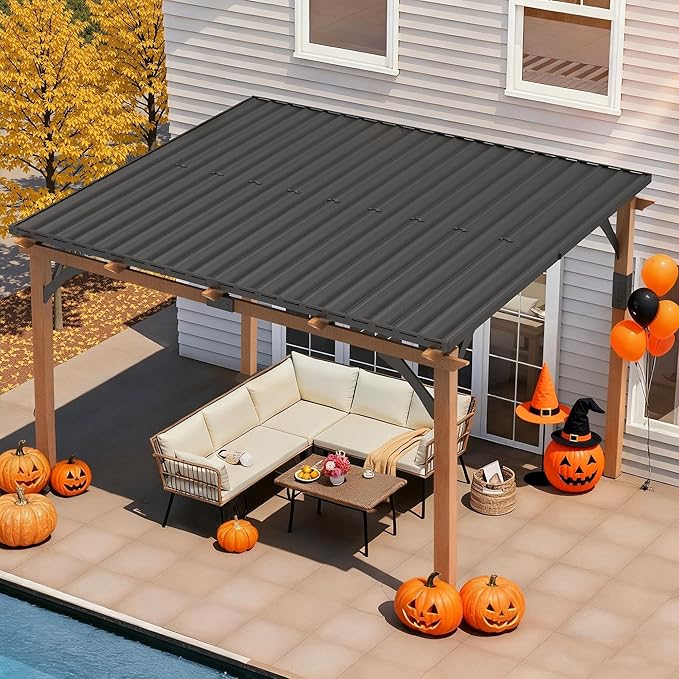 Macrout 12'x14' Outdoor Gazebo, Heavy Duty Pergola with Sloped Metal Roof and Aluminum Frame, Permanent Gazebos for Patio, Decks, Backyard, Garden, 4756 (Sloped Roof + Brown Frame, 12'x14')