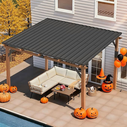 Macrout 12'x14' Outdoor Gazebo, Heavy Duty Pergola with Sloped Metal Roof and Aluminum Frame, Permanent Gazebos for Patio, Decks, Backyard, Garden, 4756 (Sloped Roof + Brown Frame, 12'x14')