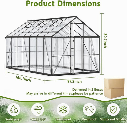 Wanan 14x8FT Greenhouses for Outdoors, Quick Assembly Polycarbonate Green House with UV Protection, Heavy Duty Windproof Aluminum Frame, Adjustable Roof Vent for Backyard or Outdoor Garden Use