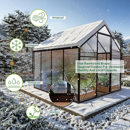 6x8 FT Greenhouse for Outdoors, Polycarbonate Green House with Adjustable Roof Vent and Rain Gutter, Aluminum Large Walk-in Greenhouse with Quick Setup Structure for Outside Garden Backyard Patio