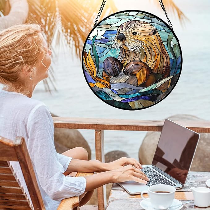 Stained Glass Suncatcher, Blue Ocean Cute Sea Otter Sun Catcher Stain Glass Window Hanging Decoration Mother's Day Birthday Gifts for Women Men Mom Nana 15 in