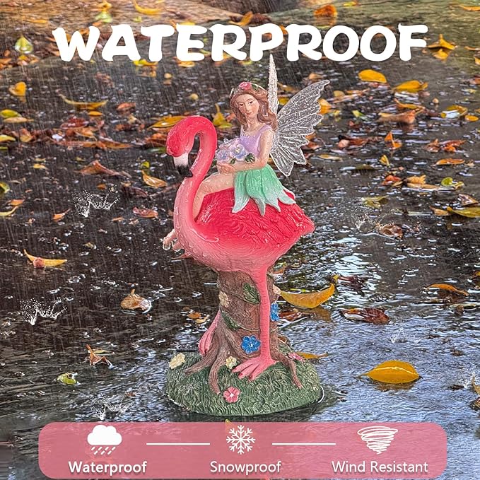 Solar Fairy & Flamingo Garden Decor Statue, Outdoor Funny Solar Light Decoration for Yard, Patio, Lawn, Unique Housewarming, Birthday Gift for Women, Mom, Grandma