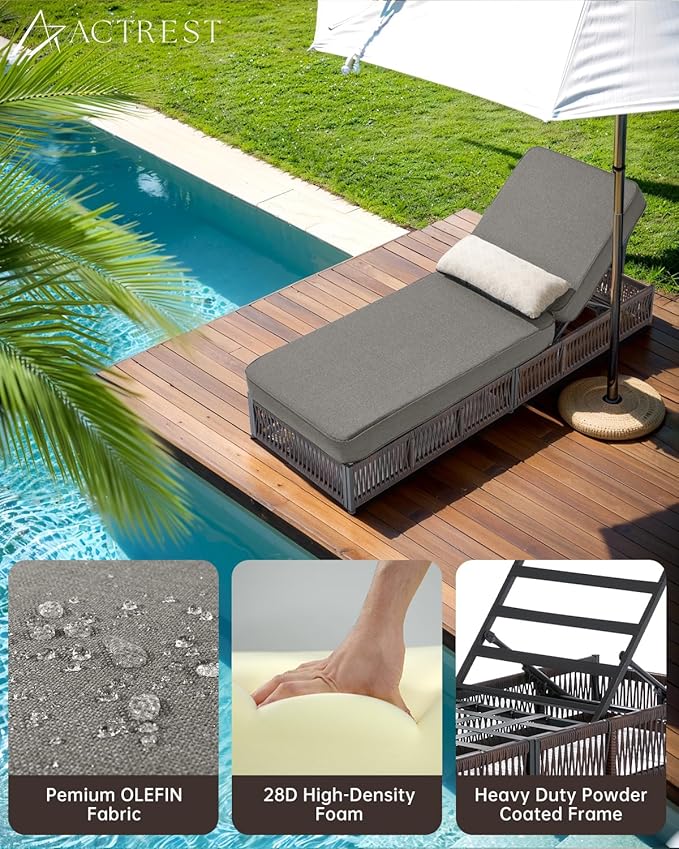 Luxury Outdoor Chaise Lounges with 5 Inch Thickened Cushions - Set of 4 High Back Brown Wicker Patio Recliners Rattan Reclining Chairs Porch Poolside Pool Sunbathing Lounger- Grey