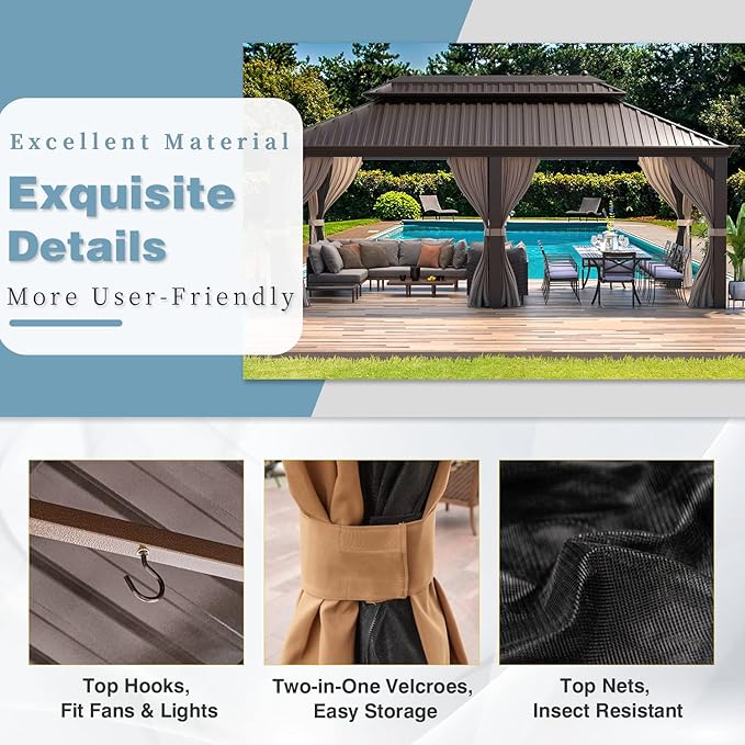 MELLCOM 12'x20' Hardtop Gazebo, Galvanized Steel Metal Double Roof Aluminum Gazebos with Curtains and Netting, Brown Permanent Pavilion with Aluminum Frame for Patio, Lawn & Garden