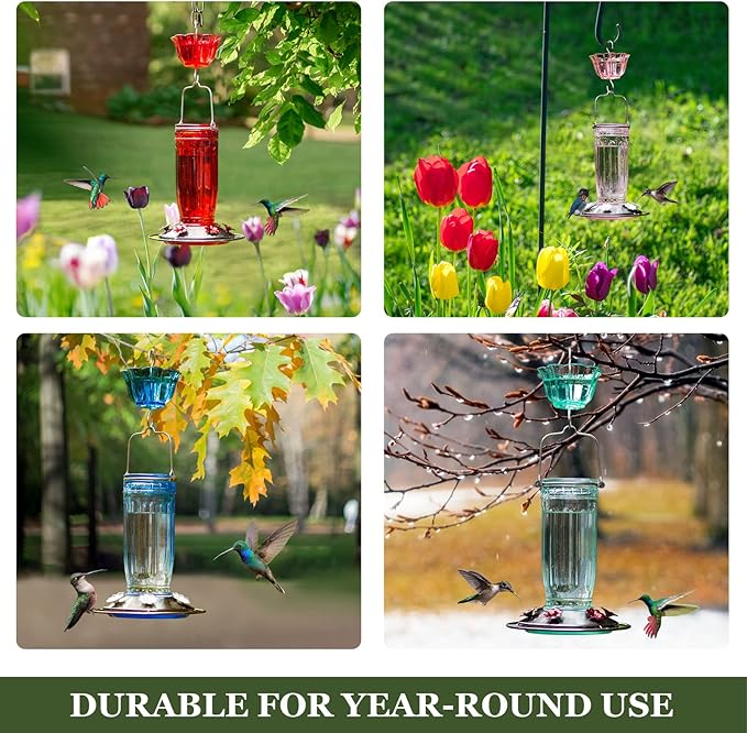 Kingsyard Glass Hummingbird Feeder for Outdoors Wild Bird Feeder with 6 Feeding Ports Hanging for Garden Yard, Green (Ant Moat Included)
