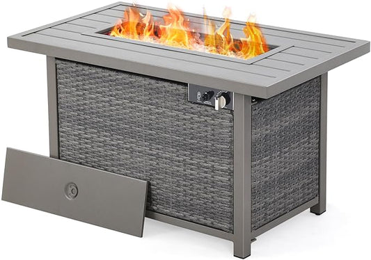 Fire Pit Table, HAPPATIO 42inch 50000 BTU Propane Fire Pit with Mental Fence Table Top, Lid, Black Glass Rock, CSA Safety Certified for Patio Balcony Backyard (Gray)