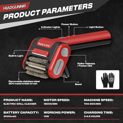 Electric Grill Brush, Grill Cleaner with LED Light, 700–800 RPM Stainless Steel Bristles, 304 Removable Brush Head, Cordless & Type-C Rechargeable Grill Cleaning Tool for Outdoor BBQ