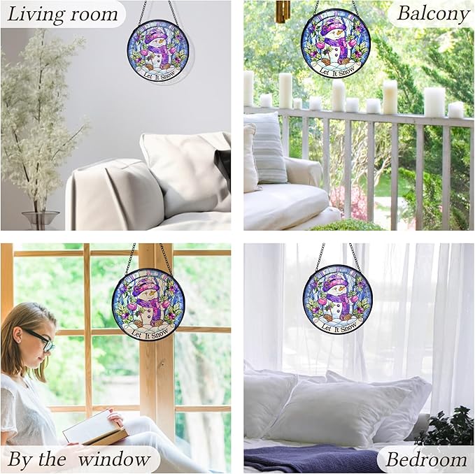 kdqua Christmas Snowman Suncatcher Stained Glass Window Hanging, Let It Snow Winter Snowman Sun Catchers Indoor Window Glass Round Wall Decor, Christmas Wall Art Hanging Decorations Statues, 7.9x7.9in