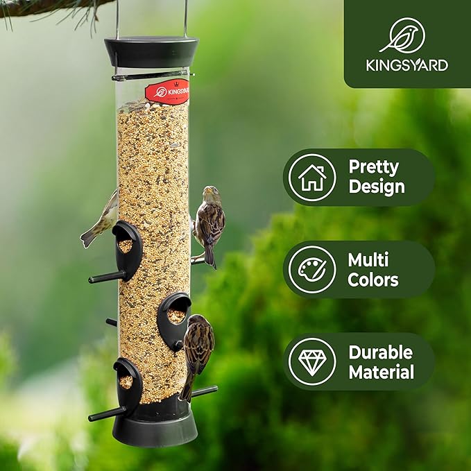 Kingsyard 6 Ports Tube Bird Feeder for Outdoors Hanging, Removable Base and Perch, Easy to Clean & Refill, Premium Hard Plastic, Attracting for Finches Cardinals Bluebirds (Black)