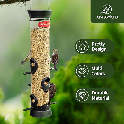 Kingsyard 6 Ports Tube Bird Feeder for Outdoors Hanging, Removable Base and Perch, Easy to Clean & Refill, Premium Hard Plastic, Attracting for Finches Cardinals Bluebirds (Black)