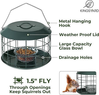Kingsyard Bluebird Feeders for Outdoors Hanging, All Metal, Cage Bird Feeder with Tray, Squirrel Proof & Weatherproof, Easy to Refill & Clean (Green)