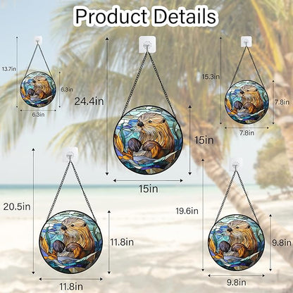 Stained Glass Suncatcher, Blue Ocean Cute Sea Otter Sun Catcher Stain Glass Window Hanging Decoration Mother's Day Birthday Gifts for Women Men Mom Nana 15 in