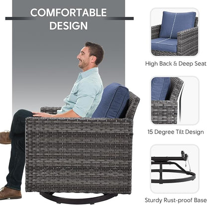 Outdoor Swivel Rocker Chairs Set of 4 with Fire Pit Table - 5 Peice Wicker Patio Furniture Set Conversation Set with 50,000 BTU Fire Pit for Deck Backyard - Grey Wicker Blue Cushion