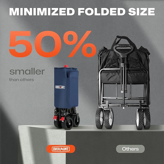 Overmont Collapsible Wagon Cart with Wheels - 180L Foldable Heavy Duty Wagon with Big All-Terrain Wheels - 330Lbs Weight Capacity with Side Pockets for Camping Sports Garden Grocery Shopping Blue