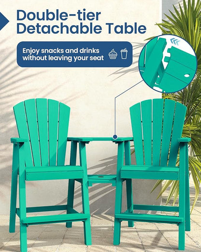 Ciokea Tall Adirondack Chairs Set of 2, HDPE Outdoor Adirondack Bar Stools with Double Connecting Tray, Weather Resistant High Back Adirondack Balcony Chairs for Deck, Lawn, Pool, Backyard, Lake Blue