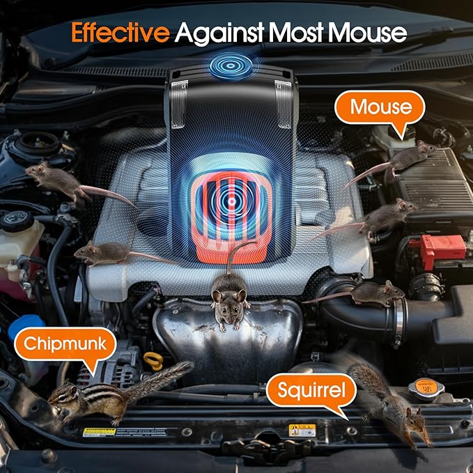 Upgraded 3-in-1 Repellent for Car Engines Rodent, Under Hood Animal Repellent, with Strobe Light, Keep Mice Away, for Car RV Garage Indoor 2 Pack（Black
