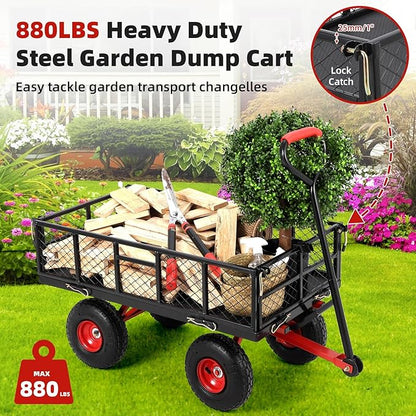 880 Lbs Heavy Duty Utility Garden Carts and Wagons with 180° Rotating Handle and Removable Sides, Steel Yard Dump Wagon Carts with 10" All Terrain Tires