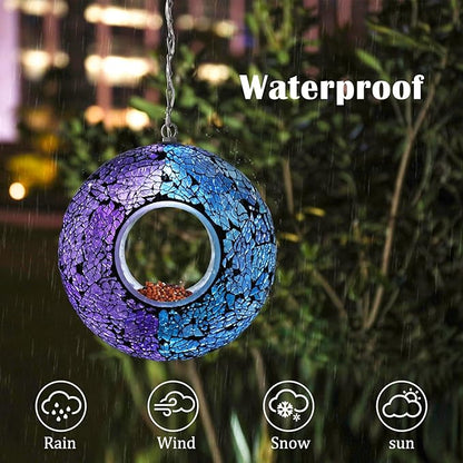 VCUTEKA Mosaic Bird Feeder Solar Fly Through Birdfeeder for Outside Hanging Round Shape Glass Container to Attract More Wild Bird Feeders for Garden Decor as Gift for Bird Lovers, 8-Inch