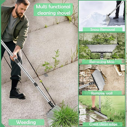 Manual Weed pullerTool,Heavy Duty 12''Flat Shovel, 14''Steel Metal Thatch Rake with Adjustable Long Handle for Leaf & Moss & Edging & Ice & Snow Removal in Lawn,Driveways, Patios, Garden Cracks