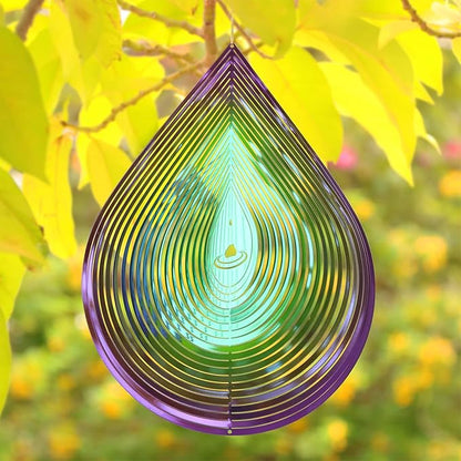 Wind Spinner Garden Indoor Outdoor Decor 3D Stainless Steel Metal Hanging Decorations, 3D Water Droplets Pattern Metal Wind Sculptures & Spinners Whirligig Gifts with 12inch(Green&Purple)