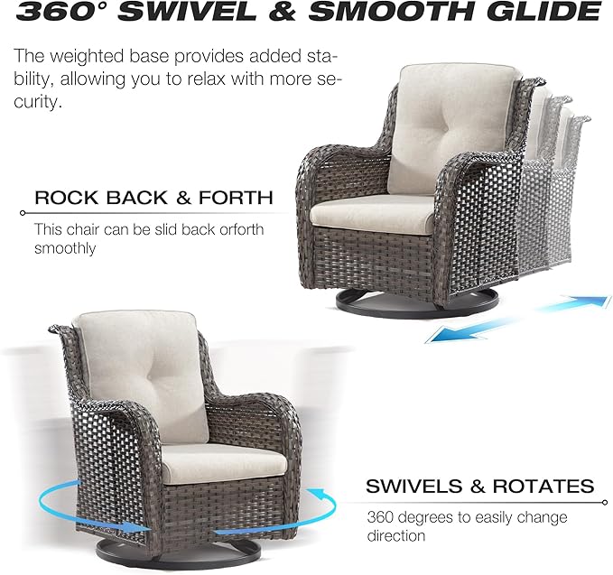 Joyside Wicker Patio Furniture Sets 8 Piece Set with 3-Seat Sofa, 2 Swivel Rocking Armchairs, 2 Armchairs, 2 Ottoman and 1 Side Table Wicker Outdoor Furniture Sectional Conversation Set, Beige
